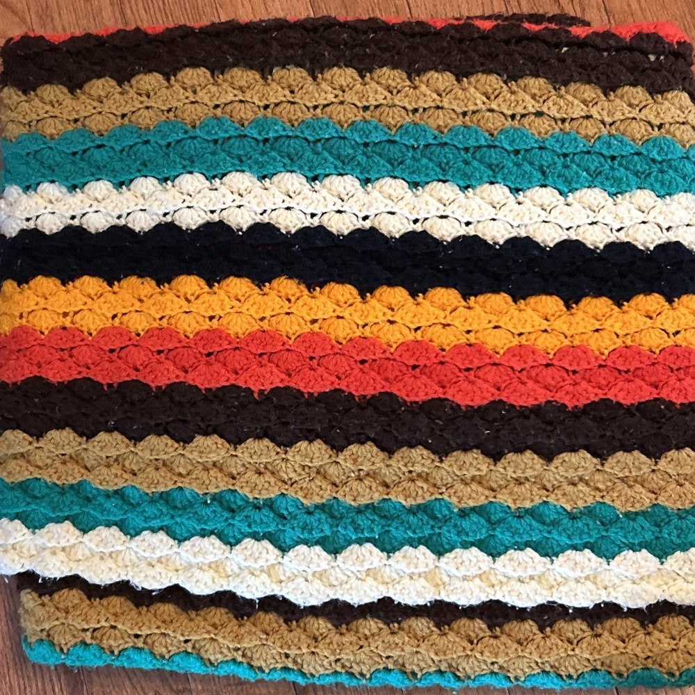 Vintage Hand Made‎ Crochet Afghan Colorful Striped Throw 70-80's Granny 82"x60"